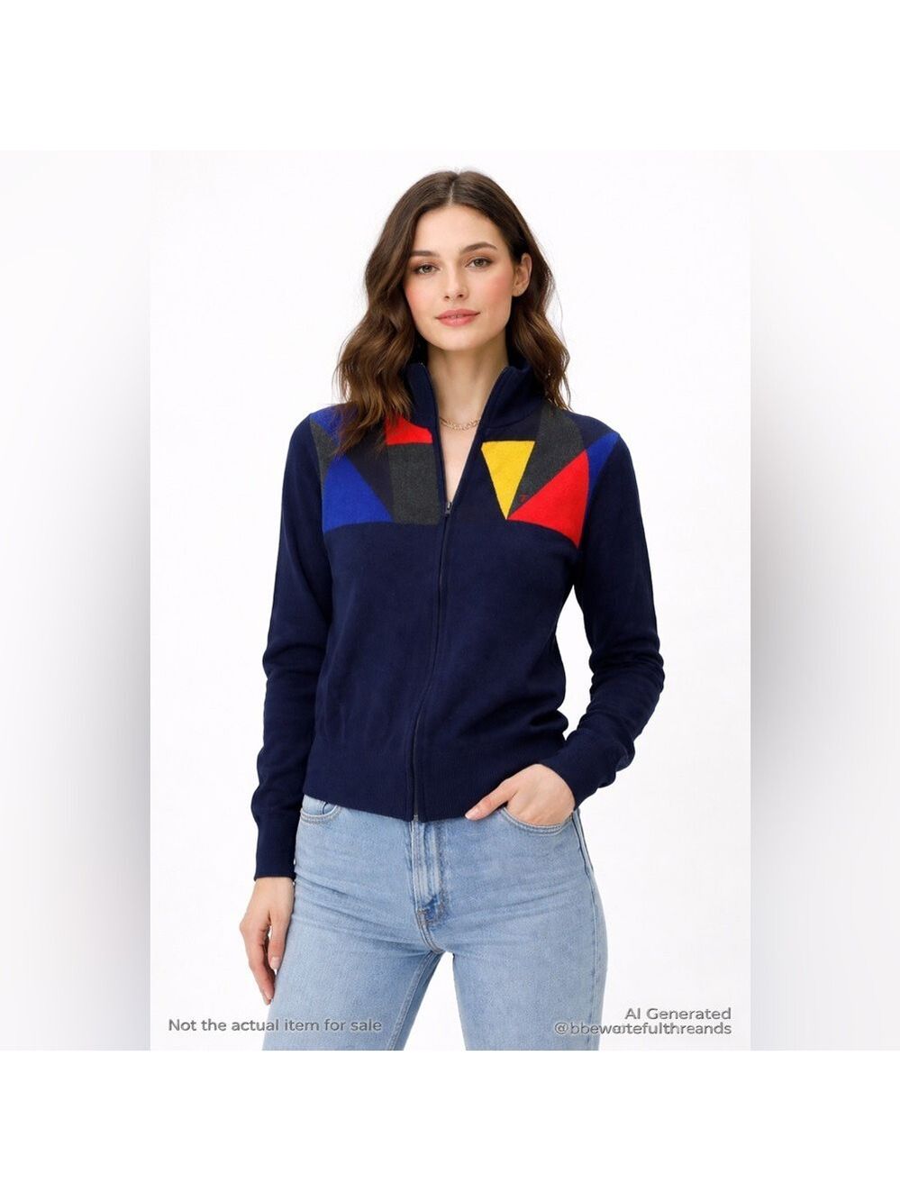Louis Philippe Small (tagged M) Colourblock Wool Blend Zip Cardigan